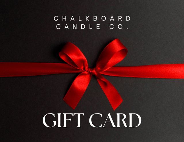 Gift card with a red ribbon on a black background, featuring 'Chalkboard Candle Co.'