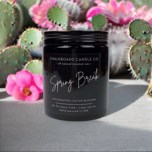Black Chalkboard Candle Co. jar labeled 'Spring Break', cactus blossom scent, with cactus and pink flowers
